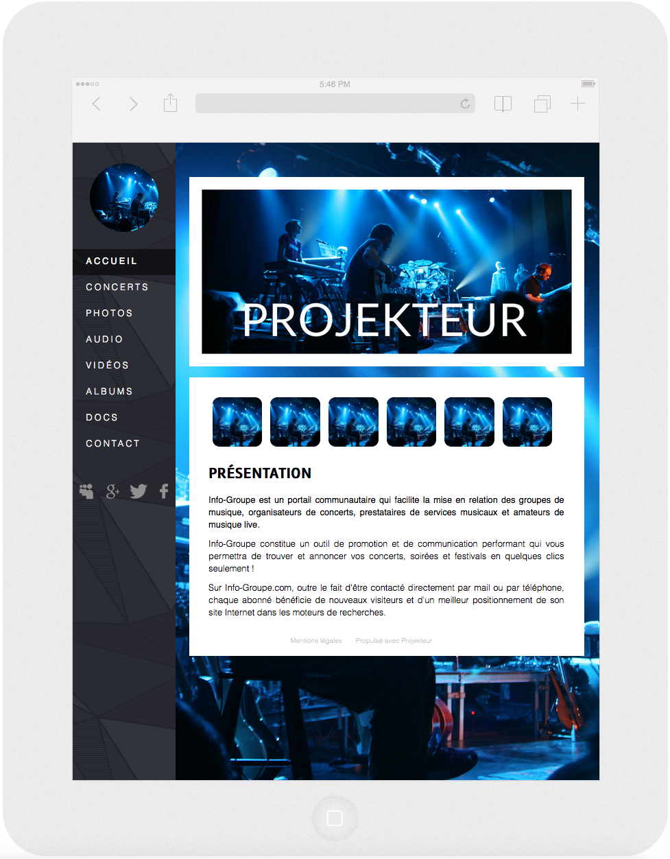 Site PROJEKTEUR sur tablette