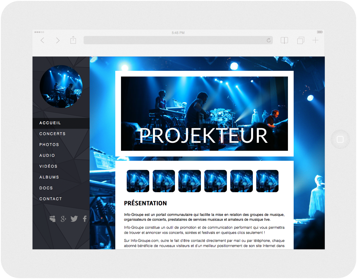 Site PROJEKTEUR sur tablette